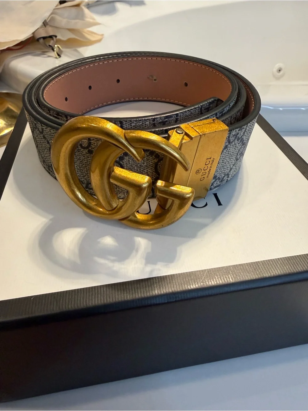 Gucci Men’s Gray Monogram Canvas Belt with Gold Double G Buckle